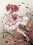  bare_tree bow bubble_skirt choker cross-laced_footwear dress frills gloves hair_bow hand_on_chest hand_on_own_chest hand_to_chest kaname_madoka kneehighs looking_at_viewer magical_girl mahou_shoujo_madoka_magica orange_eyes pink_hair puffy_sleeves red_eyes shoes short_hair short_twintails solo tears tree tsukii twintails white_gloves white_legwear 