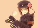  :d axis_powers_hetalia bad_id brown_hair china_(hetalia) double_bun flower genderswap hair_flower hair_ornament hat kunpu open_mouth payot simple_background sleeves_past_wrists smile solo translated yellow_eyes 