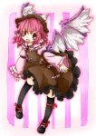  animal_ears black_legwear brown_eyes dress fang hat highres mystia_lorelei open_mouth osa_(ppitch) over-kneehighs pink_hair short_hair smile solo striped striped_background thigh-highs thighhighs touhou wings zettai_ryouiki 