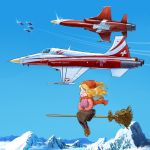  :d airplane blush broom broom_riding condensation_trail contrail emblem f-5 flying hat inui_(jt1116) inui_(pixiv) jet military mittens mountain open_mouth pantyhose patrouille_suisse pilot scarf sidesaddle smile striped striped_legwear swiss 