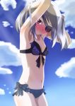  arms_up bikini blush breasts clouds eyepatch flat_chest frills infinite_stratos laura_bodewig long_hair navel noa_p open_mouth purple_eyes red_eyes silver_hair sky small_breasts smile solo swimsuit twintails 