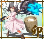  animal_ears bamboo brown_hair bunny_ears carrot clenched_teeth dress fang hammer inaba_tewi monster_hunter monster_hunter_portable_3rd red_eyes smirk solo touhou zb 