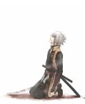  blood closed_eyes eyes_closed hakuouki_shinsengumi_kitan kneeling male minato_(robin) okita_souji_(hakuouki) sheath short_hair solo sword weapon white_hair 