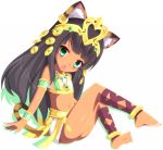  1girl animal_ears ankle_lace-up anklet armlet bare_shoulders barefoot bastet_(p&amp;d) black_hair bracelet cat_ears cat_tail circlet cross-laced_footwear dark_skin egyptian fang green_eyes hair_ornament halter_top halterneck head_tilt jewelry long_hair looking_at_viewer midriff navel necklace nekotechno open_mouth puzzle_&amp;_dragons simple_background sitting skirt solo tail tsurime white_background 