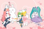  4girls aqua_hair blonde_hair bow bunny closed_eyes dress elbow_gloves eyes_closed garters gloves green_hair gumi hair_bow hatsune_miku heart kagamine_rin kneehighs megurine_luka multiple_girls pink_hair rabbit smile twintails vocaloid yamaguchi_haruka 