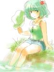  camisole feet_in_water hair_bobbles hair_ornament hat hat_removed headwear_removed kawashiro_nitori key meeko shorts sketch soaking_feet solo touhou twintails water 