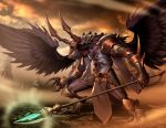 armor black_wings chain chains chaos_(warhammer) claws demon genzoman helmet horns no_humans polearm solo spear staff tzeentch warhammer_40k weapon wings 