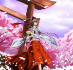  bare_shoulders bow brown_eyes brown_hair detached_sleeves gohei hair_bow hakurei_reimu highres miko navel petals short_hair solo stairs tn_(nakamatic-arsenal) torii touhou tree 