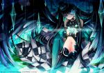  alternate_costume bad_id bare_shoulders black_hair black_rock_shooter black_rock_shooter_(character) blue_eyes boots chain chains checkered crystal detached_sleeves embellished_costume frown hat instocklee mini_top_hat sitting solo top_hat twintails watermark wings 