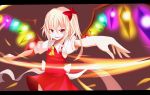  ascot blonde_hair bow dress fang fire flandre_scarlet furagu glowing grin hair_bow highres no_hat no_headwear red_eyes side_ponytail skirt slit_pupils smirk solo touhou wings 