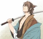  brown_hair chest green_eyes hakuouki_shinsengumi_kitan japanese_clothes male minato_(robin) okita_souji_(hakuouki) open_clothes sword weapon 