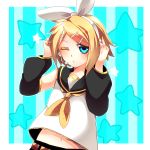  blonde_hair bow detached_sleeves hair_bow headphones headset kagamine_len kagamine_rin vocaloid wink yutazou 