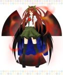  bow brown_hair cape hair_bow highres long_hair red_eyes reiuji_utsuho skirt smile solo thigh-highs thighhighs third_eye touhou white_l wings 