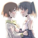  amasawa_yuuko bare_shoulders black_eyes black_hair blush brown_eyes brown_hair dennou_coil eye_contact jacket kamotama looking_at_another multiple_girls off_shoulder off_shoulders okonogi_yuuko school_uniform short_hair simple_background smile twintails undressing white_background yuri 