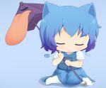 animal_ears bad_id blue_hair cat_ears chibi dragonz karakasa_obake kemonomimi_mode sitting sleeping solo tatara_kogasa tongue touhou umbrella 