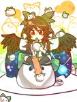  arm_cannon bad_id black_hair bow cape chibi eating food hair_bow red_eyes reiuji_utsuho ringetsumon sitting_on_object solo touhou weapon wings 