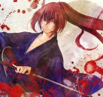  himura_kenshin japanese_clothes katana kimono kote male mizu_no ponytail purple_eyes red_hair redhead rurouni_kenshin samurai scar scarf solo sword violet_eyes weapon 