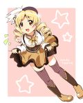  beret blonde_hair detached_sleeves drill_hair fingerless_gloves gloves hair_ornament hat highres magical_girl mahou_shoujo_madoka_magica nori_(noritsugu) open_mouth puffy_sleeves skirt skirt_lift solo thigh-highs thighhighs tomoe_mami vertical-striped_legwear vertical_stripes yellow_eyes zettai_ryouiki 