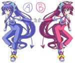  2girls alternate_color blue_eyes blue_hair blush clone demon_tail gloves gomamiso_sti long_hair looking_at_another looking_back miwajou multiple_girls original purple_hair simple_background symmetry tail very_long_hair white_background 