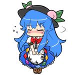  blue_hair blush boots chibi closed_eyes cross-laced_footwear eruru_(erl) eruru_(pixiv356391) eyes_closed food fruit hat highres hinanawi_tenshi lace-up_boots peach solo tears touhou v_arms 