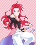  belt black_gloves blue_eyes coat gloves gotou_(pixiv37128) headband highres long_hair male outstretched_hand pants red_hair redhead smile solo sword tales_of_(series) tales_of_symphonia weapon wink zelos_wilder 