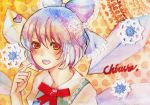  bad_id blue_hair bow character_name cirno collaboration hair_bow heart lace mixed_media moggy-cat nekosuke open_mouth orange_eyes short_hair snowflakes solo touhou traditional_media watercolor_(medium) wings 