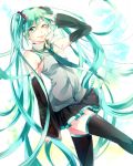  detached_sleeves green_eyes green_hair hatsune_miku highres long_hair necktie salute shina-love skirt solo thigh-highs thighhighs twintails very_long_hair vocaloid 