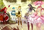  akemi_homura bare_shoulders beret black_hair black_legwear blonde_hair blue_eyes blue_hair boots bow breasts bubble_skirt cape choker corset drill_hair gloves hair_bow hair_ornament hairband hat ilmkilt kaname_madoka kneehighs long_hair magical_girl mahou_shoujo_madoka_magica miki_sayaka multiple_girls pantyhose pink_eyes pink_hair polearm ponytail puffy_sleeves purple_eyes red_eyes red_hair ribbon ruins sakura_kyouko shield short_hair short_twintails spear thighhighs tomoe_mami twin_drills twintails vertical-striped_legwear vertical_stripes weapon white_gloves white_legwear yellow_eyes zettai_ryouiki 