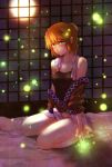  bare_legs bare_shoulders barefoot bed blonde_hair blush face firefly glowing glowing_eyes green_eyes hands highres jealous light_particles lips mizuhashi_parsee no_pants off_shoulder pointy_ears pout short_hair solo tears touhou towel wet yosaku_(roach) 