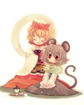  :3 animal_ears bad_id biyon blonde_hair capelet closed_eyes eyes_closed fang grey_hair hand_on_head hands_on_lap jeweled_pagoda jewelry mouse_ears mouse_tail multiple_girls nazrin pendant petting red_eyes shawl sitting smile tail tiger_print toramaru_shou touhou v_arms 