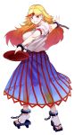 ankle_cuffs blonde_hair blush breasts cuffs geta grin highres horn hoshiguma_yuugi large_breasts long_hair long_skirt mizuryu_kei mizuryuu_kei red_eyes sakazuki sandals see-through skirt smile solo touhou very_long_hair