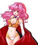  bakuretsu_hunters blush breasts cape cleavage crop_top dominatrix gloves long_hair mi_(959351) midriff navel pink_hair red_eyes smile solo tira_misu white_gloves 