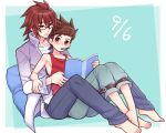  age_difference ahoge barefoot belt bespectacled book brown_eyes brown_hair father_and_son feet folks_(nabokof) glasses kratos_aurion lloyd_irving male multiple_boys pants pencil pillow red_hair redhead sitting tales_of_(series) tales_of_symphonia 