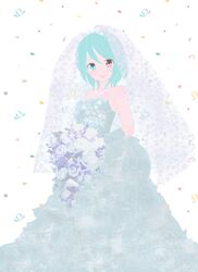  bare_shoulders blue_eyes blue_hair bouquet bride confetti dress flower frills gloves heterochromia jewelry nikka nikka_(cryptomeria) no_nose red_eyes short_hair smile solo tatara_kogasa touhou veil wedding_dress 