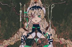  1girl animal_ears aphrissa_(arknights) arknights bare_shoulders blonde_hair braid cat_ears cat_girl closed_mouth expressionless green_background green_eyes long_hair looking_at_viewer naxallemfjl one_eye_covered scissors solo twin_braids upper_body 