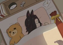  1girl animal_ears black_hair book clock closed_eyes envelope fenomeno_(umamusume) flipped_hair hat highres horse_ears horse_girl koshiba_taiyaki letter long_hair lying multicolored_hair on_bed on_side open_mouth pillow purple_hair santa_claus santa_hat sleeping stuffed_animal stuffed_toy teddy_bear toy_car umamusume under_covers 