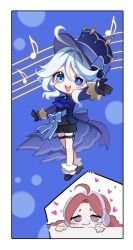  2girls ahoge arm_up black_shorts blue_bow blue_eyes blue_hat blush bow chibi chibi_only closed_mouth full_body furina_(genshin_impact) garter_belt garter_straps genshin_impact hair_between_eyes hair_intakes hands_on_table hat hat_bow headphones heart heart-shaped_pupils heterochromia highres long_hair long_sleeves multiple_girls musical_note open_mouth original pale_skin pr_ponnyan red_hair short_hair shorts symbol-shaped_pupils tearing_up teeth top_hat 