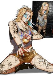  1boy absurdres alternate_costume black_boots blonde_hair blue_eyes blue_lips blue_nails boots bracelet collarbone cosplay ear_piercing earrings facepaint feather_earrings feathered_wings feathers fishnet_pantyhose fishnets glitter grey_tank_top highres jewelry johnny_joestar jojo_no_kimyou_na_bouken jojo_pose lipstick makeup makkasays_hi male_focus nail_polish pantyhose piercing reference_inset seiza short_shorts shorts sitting solo sparkle star_(symbol) steel_ball_run tank_top teeth white_background wings yellow_shorts 