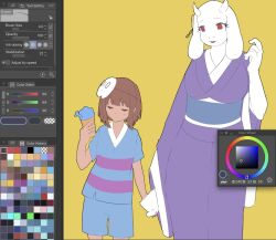  1girl 1other 2026 2d adapted_costume alternate_costume ambiguous_gender animal_ears animal_nose anthro art_program_in_frame blue_obi blue_shirt blue_shorts body_fur breasts brown_hair character_mask child commentary cowboy_shot digital_media double_horizontal_stripe droopy_ears english_commentary eyelashes fairyctrl fangs female flat_color floppy_ears flower_hair_ornament food frisk_(undertale) furry furry_female goat goat_ears goat_girl goat_horns hair_ornament hand_up highres holding holding_cup holding_food holding_hands horizontal-striped_clothes horns human japanese_clothes kimono long_sleeves mammal mask mask_on_head monster monster_girl napstablook obi pink_stripes purple_kimono red_eyes shirt short_hair shorts simple_background skin_fangs standing striped_shirt toriel two-tone_shirt undertale unfinished utdr_(toby_fox) white_background white_fur white_horns 