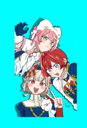  3girls :d ange_katrina animal_ear_headwear aqua_background blue_eyes blue_gloves blue_hat blue_shirt blush bow brown_eyes closed_mouth collared_shirt commentary_request cropped_torso crossed_bangs drop_shadow elu_(nijisanji) frilled_shirt_collar frills gloves gold_trim green_eyes grey_hat hair_intakes hair_ornament hairclip hand_up hat hat_bow highres ksdns layered_shirt long_hair looking_at_viewer medium_hair multicolored_hair multiple_girls nail_polish neckerchief nijisanji nijisanji_kr nijisanji_matching_outfit open_mouth pink_bow pink_hair pointy_ears red_bow red_hair red_nails shirt short_hair signature simple_background smile streaked_hair teeth translation_request upper_teeth_only v variant_set virtual_youtuber white_hat white_neckerchief white_shirt yang_nari 
