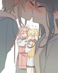  4girls ? ?? absurdres black_hair blonde_hair blue_jacket blush brown_hair closed_eyes collared_shirt commentary covering_another's_eyes ear_blush flying_sweatdrops frilled_sleeves frills grey_hair highres hinomori_shiho hood hoodie hoshino_ichika_(project_sekai) jacket kiss leo/need_(project_sekai) long_hair long_skirt mochizuki_honami multiple_girls oo_oo903 open_clothes open_jacket pink_sweater_vest project_sekai shirt short_hair shorts sidelocks skirt sweatdrop sweater_vest tenma_saki twintails white_background white_hoodie white_shirt yellow_sweater_vest yuri 