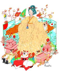  1girl 2026 animal_request branch check_commentary chinese_zodiac commentary_request doll fish_charm full_body good_luck_knot half_updo highres japan kawatsu_yuuki new_year object_request original plant_print polka_dot signature topknot toy year_of_the_ox 