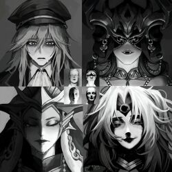  4others absurdres akivili_(honkai:_star_rail) androgynous ascot bare_shoulders circlet closed_eyes closed_mouth collarbone collared_shirt covered_eyes crying empty_eyes ena_(honkai:_star_rail) eye_mask eyelashes fangs gem greyscale hair_between_eyes half-closed_eyes hat helmet highres honkai:_star_rail honkai_(series) jacket jewelry lapels lips long_hair looking_at_viewer mask monochrome multiple_others mvgwq neck_ring necklace one_side_up open_clothes open_jacket open_mouth oroboros_(honkai:_star_rail) other_focus peaked_cap pearl pearl_necklace scared shadow shirt sidelocks simple_background smile star-shaped_pupils star_(symbol) sweatdrop symbol-shaped_pupils teeth upper_body wavy_hair xipe_(honkai:_star_rail) 
