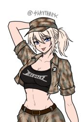  1girl arm_up artist-provided_artwork baseball_cap blonde_hair blue_eyes breasts camouflage camouflage_hat collarbone cowboy_shot cropped_jacket groin hand_on_own_head hat highres medium_breasts navel non-web_source original ponytail russian_ground_forces russo-ukrainian_war signature slavianrsc soldier solo stomach svinorezka tongue tongue_out transparent_background z_(russian_symbol) 