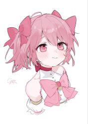 1girl ahoge bare_shoulders blush bow buttons chest_bow choker closed_mouth collarbone commentary cropped_torso detached_sleeves double-parted_bangs dress hair_bow halterneck highres kaname_madoka kaname_madoka_(magical_girl) looking_up magical_girl mahou_shoujo_madoka_magica mahou_shoujo_madoka_magica:_walpurgis_no_kaiten pink_bow pink_choker pink_eyes pink_hair raised_inner_eyebrows ribbon_choker saka_x_x short_hair short_twintails signature simple_background smile solo soul_gem_(madoka_magica) twintails white_background white_dress