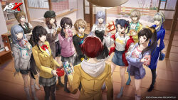  1boy 6+girls absurdres angry arai_motoha artist_request black-framed_eyewear black_gloves black_pantyhose black_socks black_vest blonde_hair blue_dress blue_skirt box box_of_chocolates braid brown_hair buttons cellphone closed_eyes closed_mouth copyright_name crossed_arms dogenzaka_runa dress from_behind glasses gloves green_eyes green_hairband green_necktie grey_hair grey_skirt hair_over_one_eye hairband harem hat headphones headphones_around_neck hetero highres holding holding_phone indoors jacket kamishiro_nagisa kokatsu_academy_school_uniform kotone_montagne li_yaoling low_twintails merope_(p5x) miyashita_minami multiple_girls necktie newsboy_cap no_shoes noge_tomoko off_shoulder official_art one_eye_covered pantyhose persona persona_5 persona_5:_the_phantom_x phone plaid_clothes plaid_skirt ponytail sahara_miyu sakai_ayaka school_uniform shiina_yumi short_hair skirt smartphone smile socks tanemura_riko third-party_source twin_braids twintails valentine vest white_socks wooden_floor yui_(p5x) 
