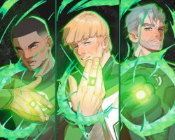  3boys absurdres aura blonde_hair bodysuit commentary dark-skinned_male dark_skin dc_comics green_aura green_bodysuit green_lantern green_lantern_(series) green_lantern_corps grey_bodysuit grey_hair guy_gardner hal_jordan highres izumaruart john_stewart meme multicolored_bodysuit multiple_boys power_ring_(green_lantern) superhero_costume triple_domain_expansion_(meme) two-tone_bodysuit 