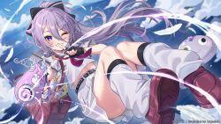  1girl :d ;d ardenlolo bag belt black_belt black_gloves black_socks bow brown_shoes clouds commentary_request day falling_feathers feathers fingerless_gloves floating full_body gloves grey_hair grin gun hair_between_eyes hair_bow highres holding holding_gun holding_weapon hololive hololive_english jewel_under_eye kneehighs koseki_bijou koseki_bijou_(serafuku) leg_warmers loafers long_hair long_hair_between_eyes looking_at_viewer midair midriff miniskirt neckerchief one_eye_closed outdoors pebble_(koseki_bijou) pleated_skirt purple_neckerchief sailor_collar school_bag shirt shoes skirt smile socks solo violet_eyes virtual_youtuber weapon white_leg_warmers white_sailor_collar white_shirt white_skirt 