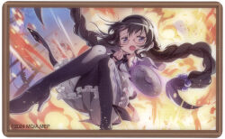  1girl absurdres akemi_homura akemi_homura_(magical_girl) argyle_clothes argyle_pantyhose arm_shield black_hair braid braided_twintails explosion falling frown glasses hair_bobbles hair_ornament hairband highres long_hair magical_girl mahou_shoujo_madoka_magica mahou_shoujo_madoka_magica_magia_exedra non-web_source official_art open_mouth pantyhose ponytail_holder red-framed_eyewear ribbon scan scared self-scan shield skirt solo soul_gem_(madoka_magica) twintails two-tone_capelet violet_eyes 