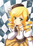  beret blonde_hair breasts checkered checkered_background corset detached_sleeves drill_hair finger_to_mouth fingerless_gloves gloves hat leeillust magical_girl mahou_shoujo_madoka_magica pleated_skirt skirt smile solo taut_shirt tomoe_mami yellow_eyes 